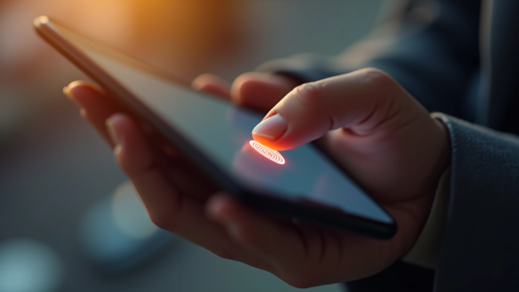 Zbliżenie palca na czytelniku biometrycznym smartfona, skanowanie odcisku palca