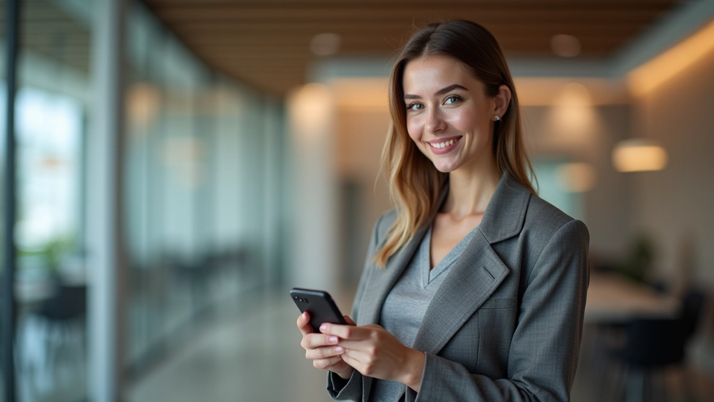 Kobieta trzymająca smartfon z aplikacją bankową na ekranie, bank w tle